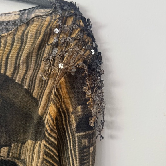 🇨🇦 Linda Lundstrom Artistic Dark Boho Mesh  Long Sleeve Top with Beaded Fringe - Picture 4 of 6